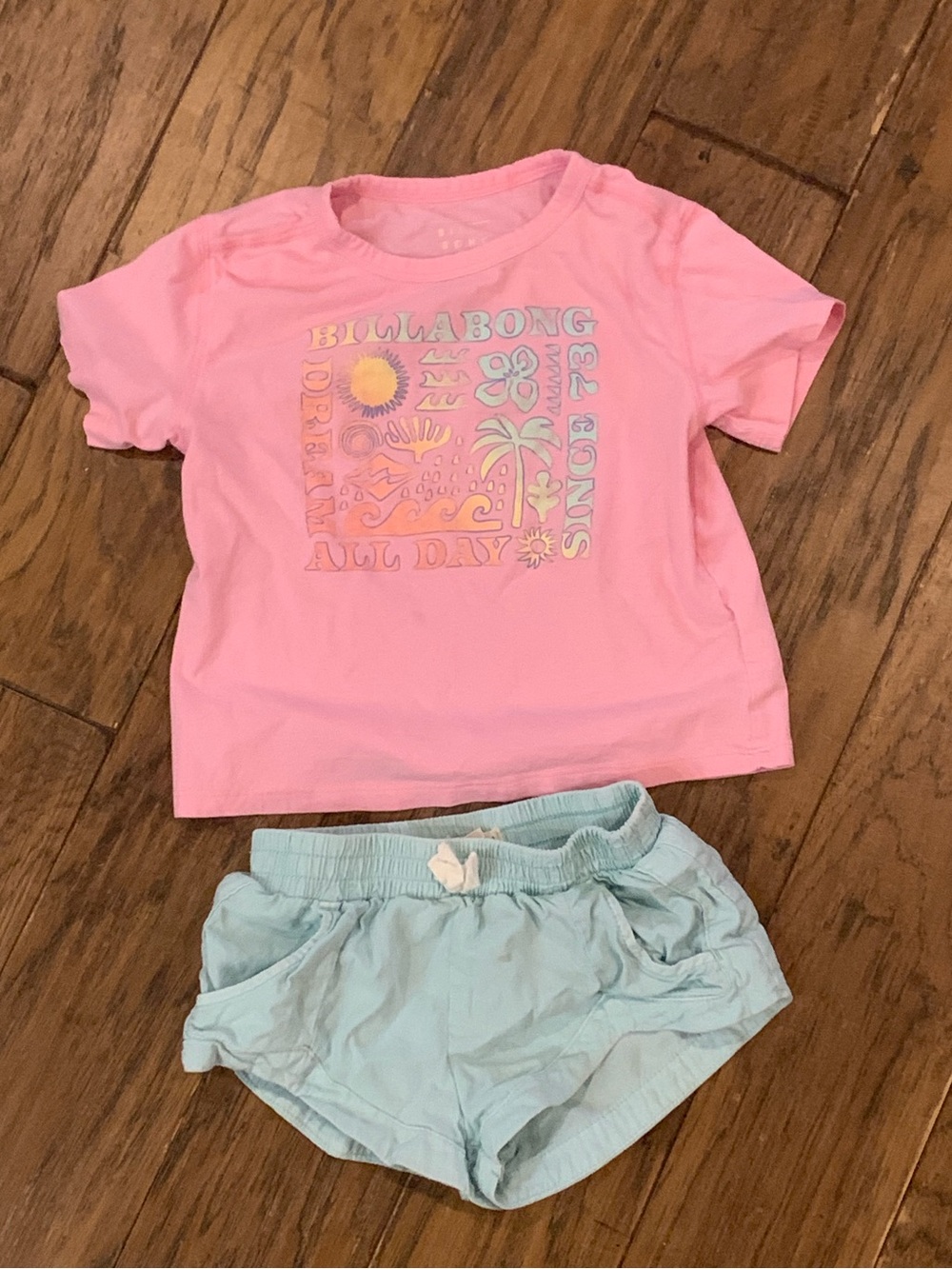 Billabong Pink Graphic Tee and Green Shorts